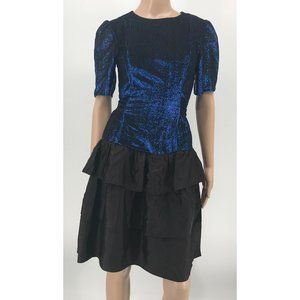 Vintage Short Sleeve Blue & Black Metallic Prom Party Ruffle Tiered Dress Sz 5/6